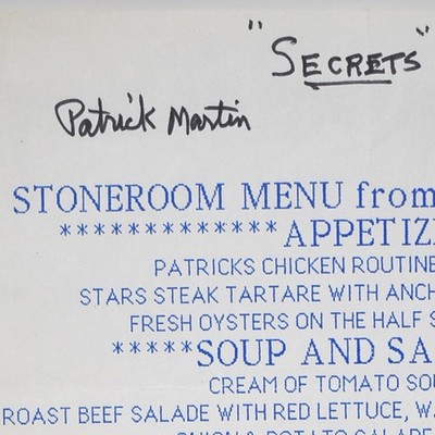 Vintage 1988 Secrets Restaurant Stoneroom Stone Room Menu Patrick Martin