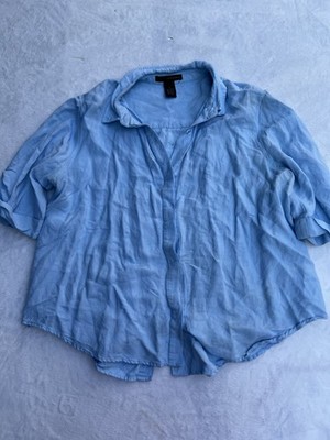 Grace Elements XL 100% Linen Blue 3/4 Sleeve Blouse Button Accents