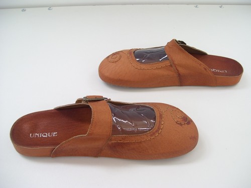 Unique Womens Slip on Sandals Clogs Shoes Tan Light Brown Leather Open Back - Picture 10 of 15