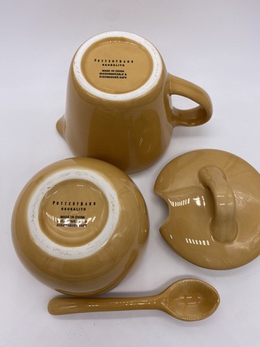 POTTERY BARN Creamer Sugar w Lid And Spoon Yellow Tan - Picture 6 of 8