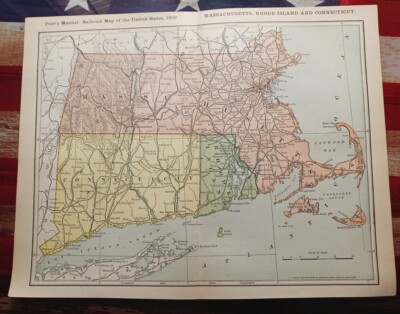 1902 Train Route Map MASSACHUSETTS Connecticut RI All Railroad Lines 11''×9'' 