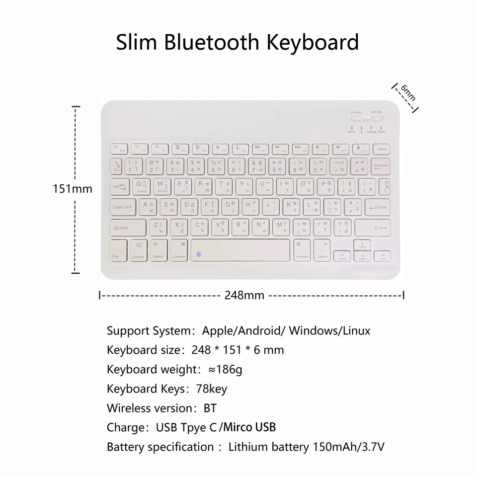 Thai Language Ultra-Thin Bluetooth Keyboard | Rechargeable Silent Multi-Device - Image 2 of 4