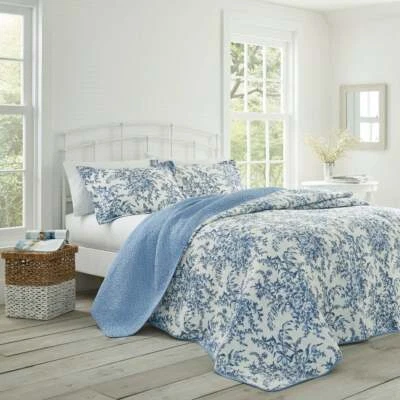 QUALITY NEW! ~ COZY COTTAGE SHABBY COUNTRY SOFT LIGHT BLUE WHITE FLORAL LEAF QUILT SET