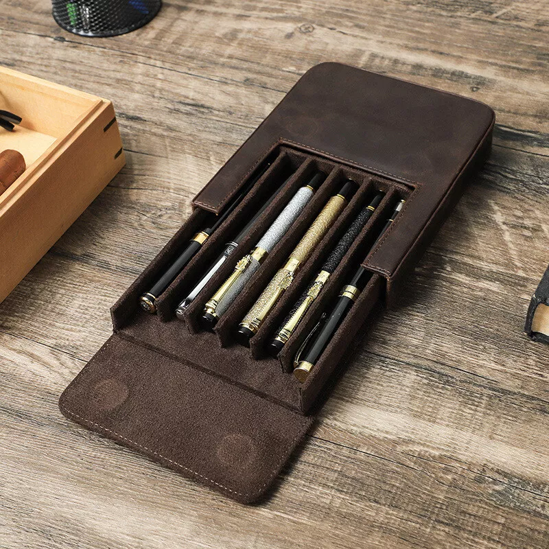 Handmade Genuine Leather Pen Case Office Pencil Holder Pens Organizer Bag  School