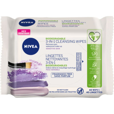 Nivea Biodegradable 3-IN-1 Cleansing Wipes Sensitive Skin No Fragrance 40pcs NEW