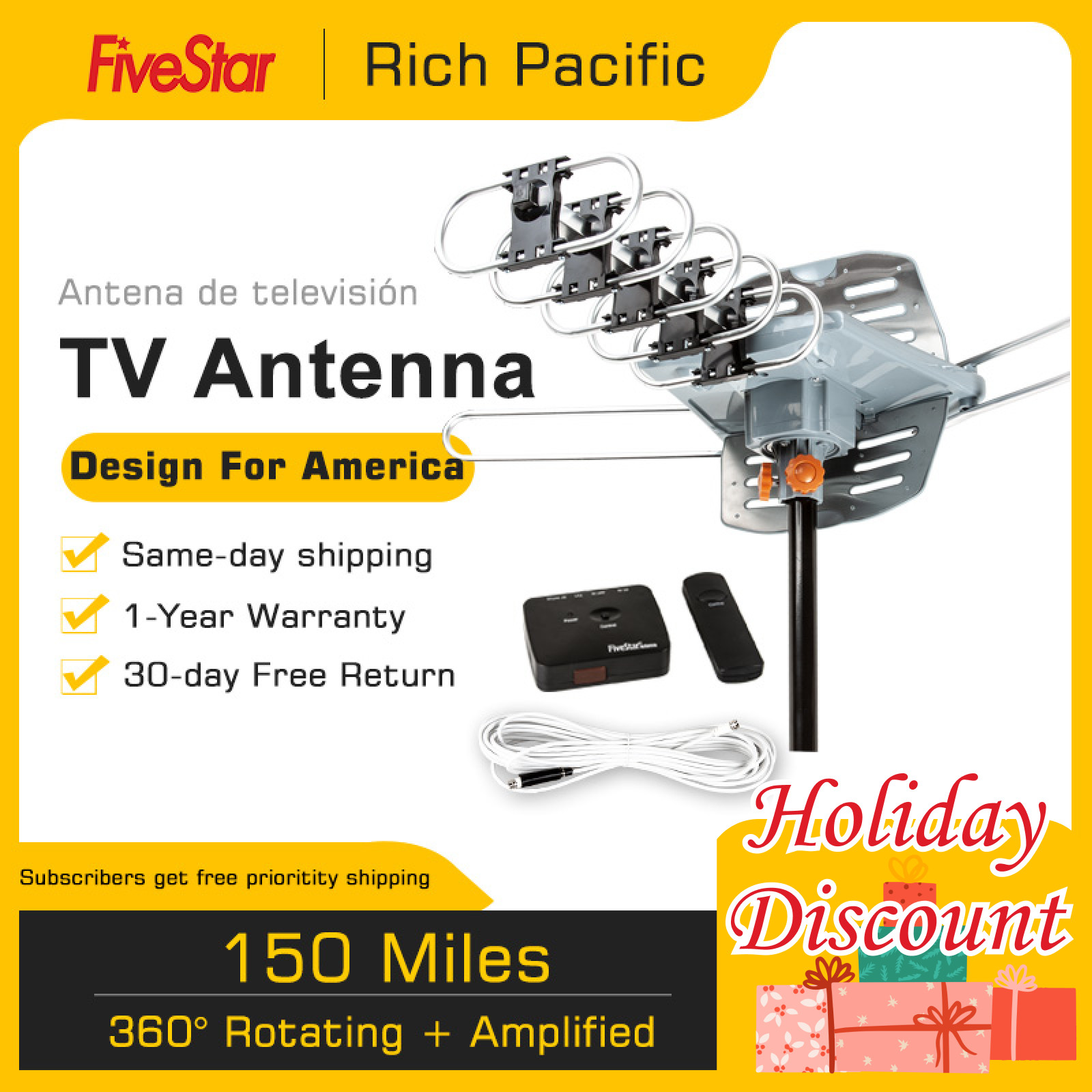 990 mile HDTV 1080P Outdoor Amplified Digital TV Antenna Rotor 360° UHF/VHF Home