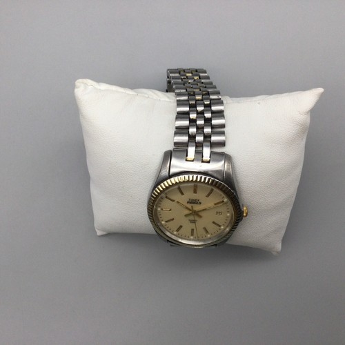 Vintage Timex Watch Men Indiglo 34mm Gold Silver Tone Date New Battery 7.75" - Picture 4 of 15