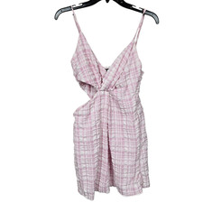 Zara Dress Medium Pink White Textured Cut Out Plaid V Neck Stretch Summer