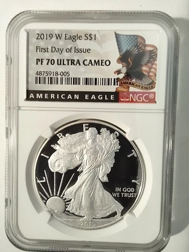 2019 W SILVER EAGLE PROOF NGC PF70 ULTRA CAMEO FIRST DAY OF ISSUE EAGLE LABEL