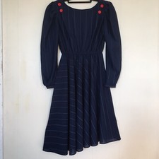 Vtg Dress Asymmetrical Hem Puff Sleeve Pin Striped Career Office Bust 36” Sz M?