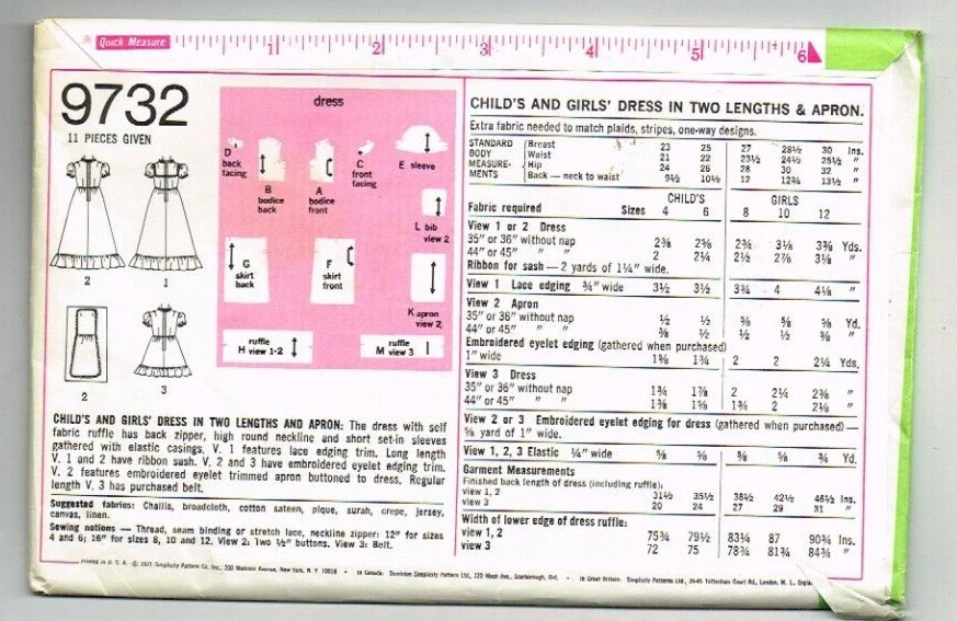 Girls Dress & Apron Simplicity 9732 Sewing Pattern 1970's VTG Fashion Sz 8 Uncut - Image 2 of 2