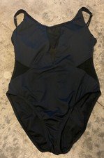 L Black One Piece Tank Style Swimsuit W Scoop Back Sheer Inserts