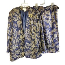 Leslie Fay Floral Skirt Suit Navy Gold Union Made USA Vintage Women's 16