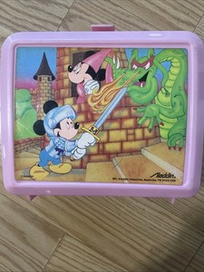 Vtg Mickey & Minnie Mouse Princess Knight Dragon Pink Lunchbox Thermos Disney