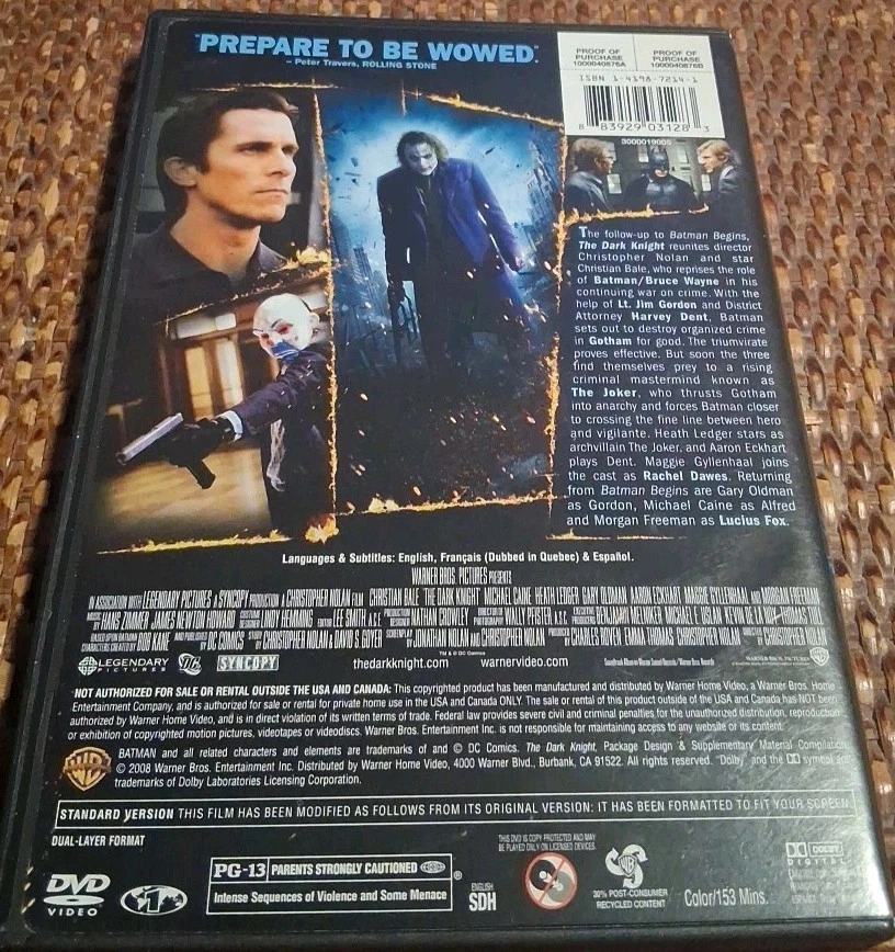 The Dark Knight DVD 2008 w/Inserts RARE HTF DC Bale Caine Ledger Oldman Freeman  - Image 2 of 3