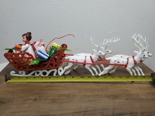 Vintage Soft Plastic Christmas Santa Red Flocked Sleigh Blow Mold Reindeer 18 In - Picture 12 of 14