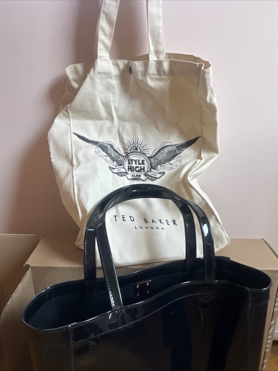 Ted Baker London tote Patent glossy 14X11X4 bag Black Plus Fabric