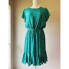 LOFT Dress Small Green Floral Flutter Sleeve Drawstring Waist Ruffle Hem 