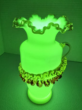 Antique Victorian Stevens & Williams Uranium Glass Handled Vase Applied Leaf 7