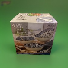 Signature Housewares Ramen Bowls with Spoons 4 Piece White/Blue + Free Gift