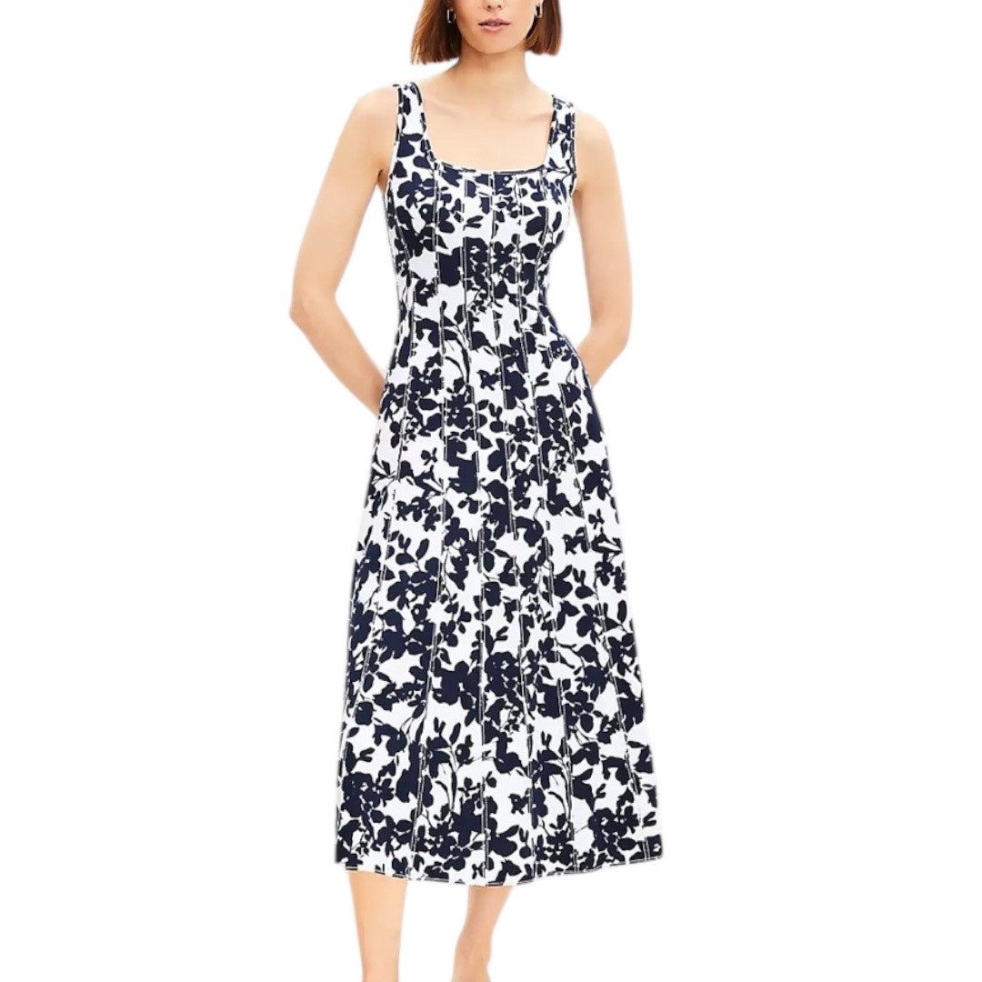 Women's Loft Size 4 Forget Me Not Ponte Seamed Flare Midi Dress Blue and White