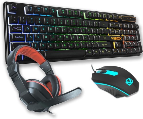 Vibox Gaming 3-in-1 Bundle V1 | LED Backlit UK Layout Keyboard, RGB ...