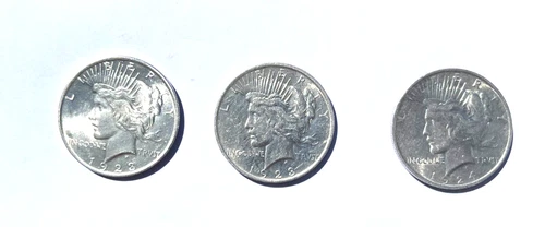 Lot of 3 Beautiful Peace Silver Dollars, AU, 90% Silver Content