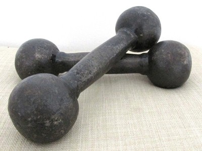 Early Antique Cast Iron 4 Pound Barbell Dumbbell Matching Hand Weights Set Clean