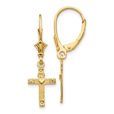 Solid 14K Yellow Gold Cross Heart Earrings - 30mm x 9mm - K4531