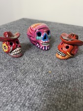 Mexican Day of the Dead Sugar Skull Figurines Hand Painted Ceramic Lot of 3
