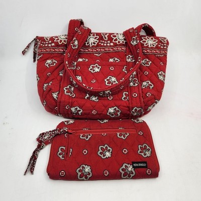 Vera Bradley Red Bandana Medium Handbag Floral Two Handles Full Zip Wallet READ