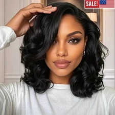 14" Brazilian Bob Wigs Human Hair Natural Black Wave Lace Front Glueless Wigs