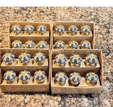 4 Box Decor Glass Drawer Pulls Raised Navy Floral Design Silver India NIB 65L