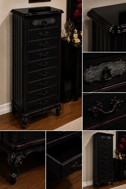 Vintage French Provincial TallBoy Lingerie piano black with hand painted red. 