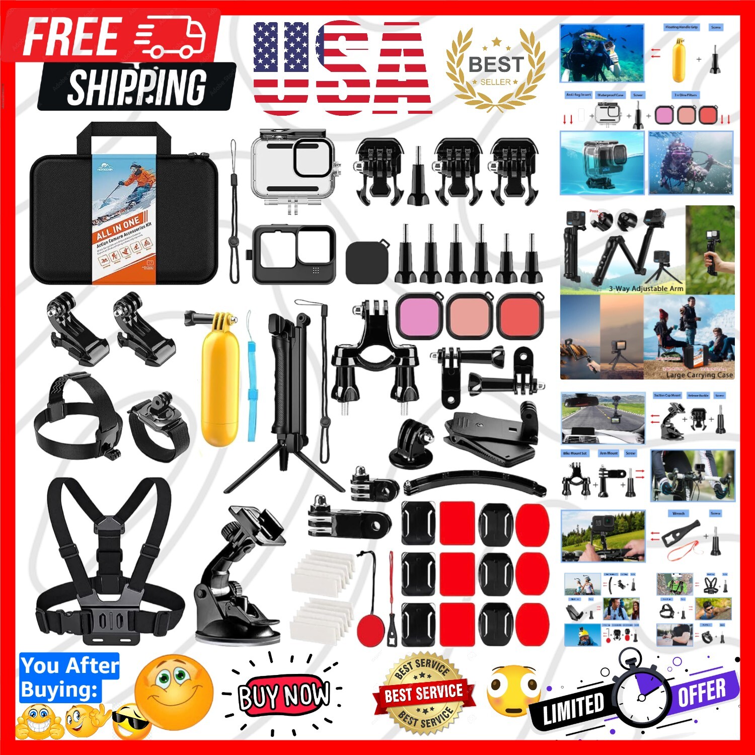 Action Camera Accessories Kit for GoPro Hero 13 12 11 10 9 Black, Waterproof ...