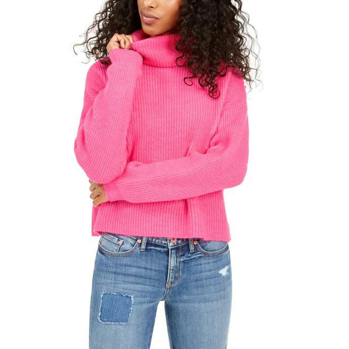 Sun Moon Women's Boxy Crop Turtleneck Sweater Neon Pink Size XS NWT