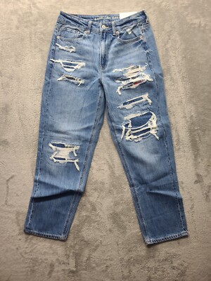 American Eagle Jeans Womens 8 Mom High Rise Straight Leg Flannel Patchwork