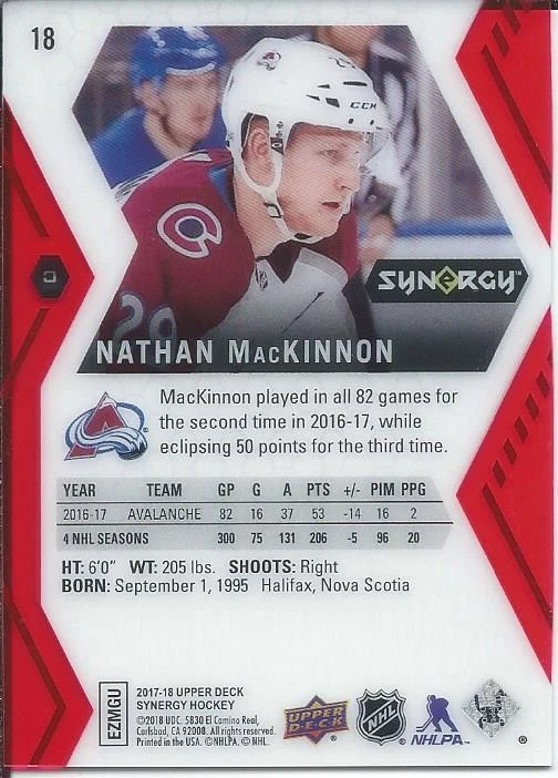 2017-18 Upper Deck Synergy NATHAN MACKINNON Red Parallel #18 Colorado Avalanches - Image 2 of 2