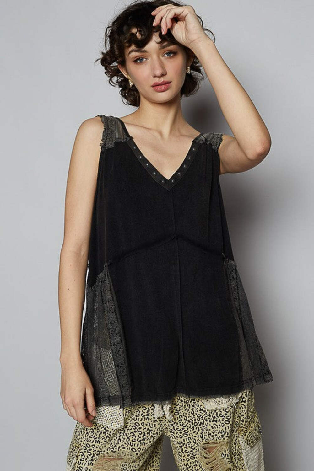 Black Lace Studded V-Neck Sleeveless Top with Crisscross Back Detail