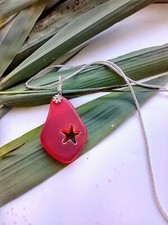 Hand Carved Starfish Red Sea Glass Pendant Silver Necklace 18"