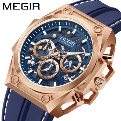 MEGIR Blue Silicone Strap Men Watches Waterproof Chronograph
