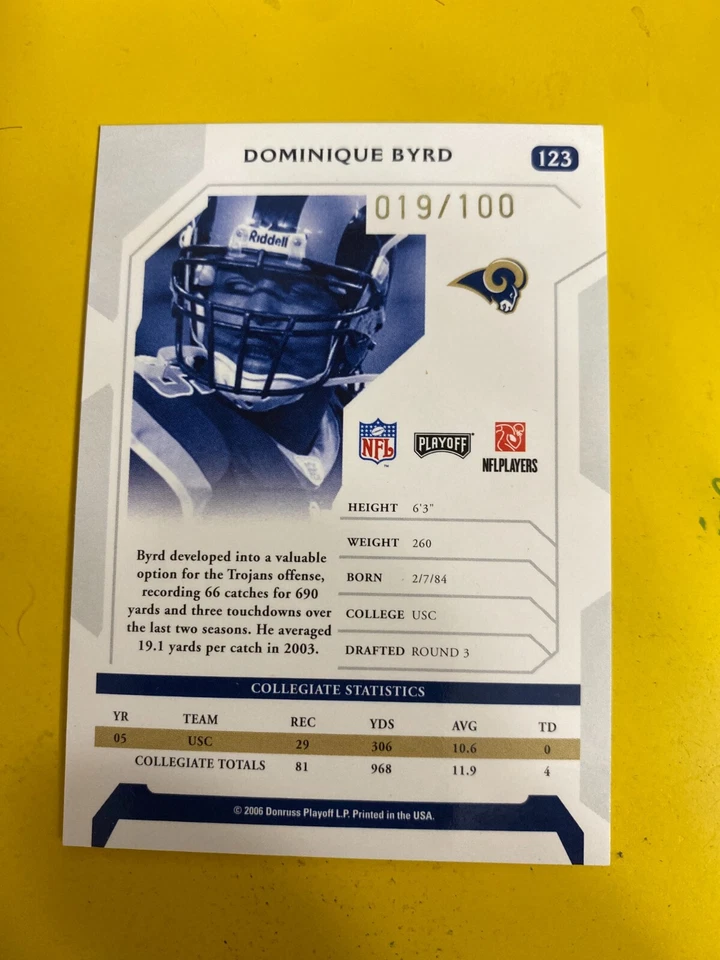 57362 2006 Playoff NFL Playoffs Gold Proof #123 Dominique Byrd RAMS RC #19/100 - Image 2 of 3
