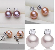 7-8mm Freshwater Pearl Sterling Silver Cubic Zirconia Stud Earrings Gift PE2