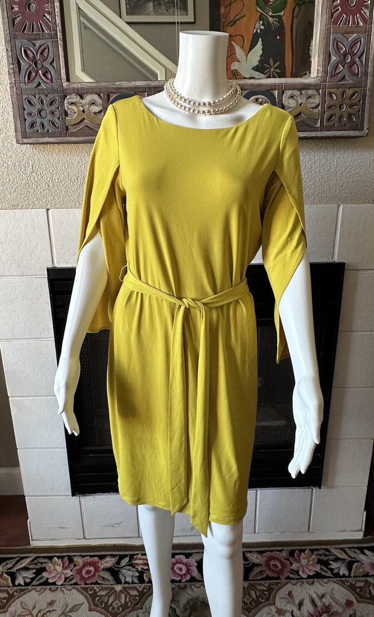 knee length mustard yellow dress Calvin Klein 3/4 Sleeve Stretch Belted Dress, Size 8 weddingdresses