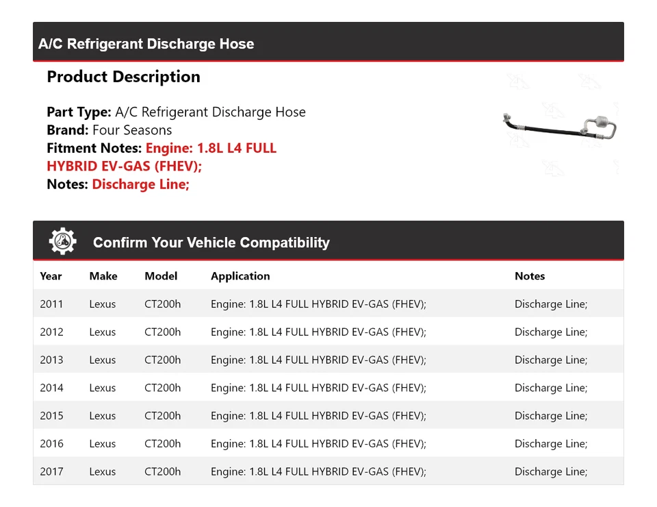 Manguera de descarga de refrigerante aire acondicionado Lexus CT200h 2011-2017 4 estaciones 2012 2013 Foto 2 de 4