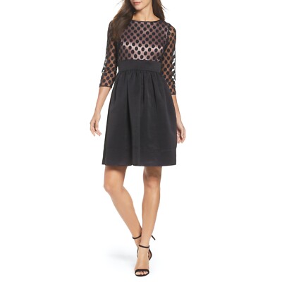 Eliza J Polka Dot Mesh Bodice Fit Flare Dress, Black,
