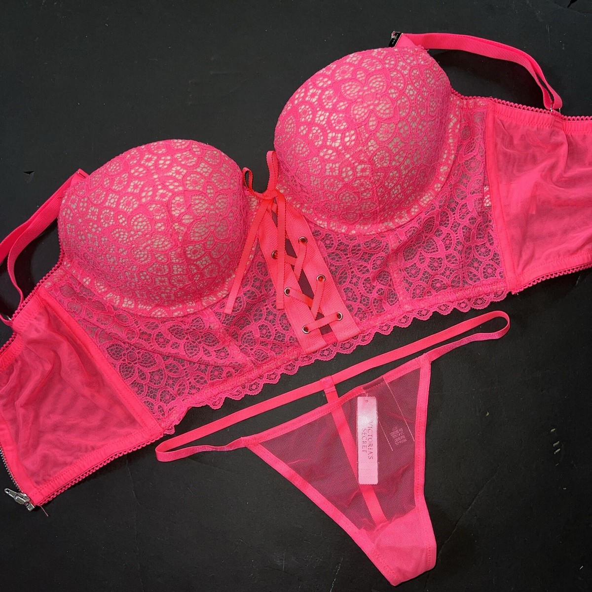 Victoria's Secret 34D,34DD CORSET TOP BRA SET S thong NEON PINK