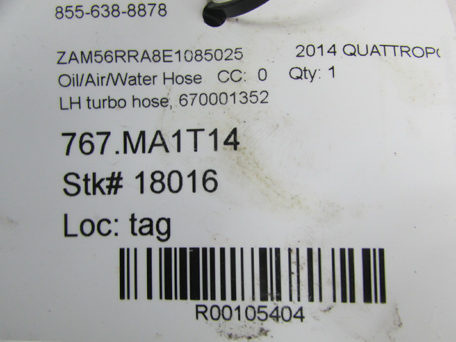 2014 Maserati Quattroporte, LH, Left Turbo Hose, Used, P/N 670001352