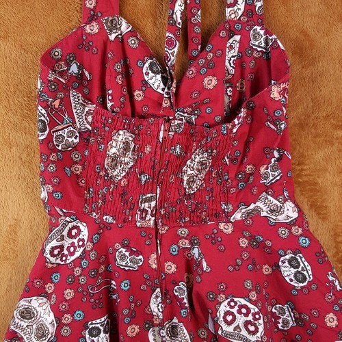 HELL BUNNY VIXEN Dress Womens Small Red Halter Fit Flare Skull Sundress JASMINE - Picture 6 of 13
