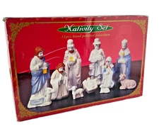 Porcelain Nativity Set 11 Pieces White and Blue 1" to 5" High Christmas Figurine